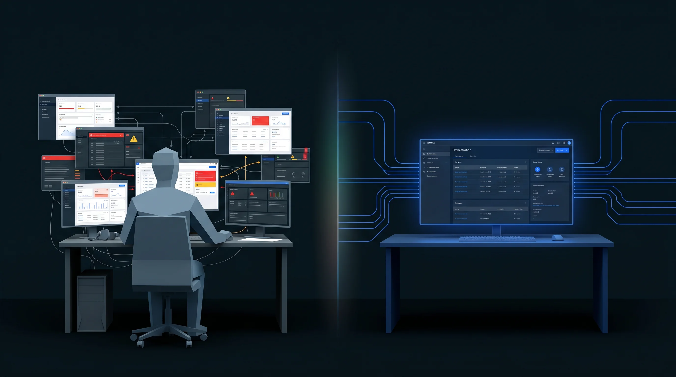 Before: multi-screen chaos. After: unified Concert interface.